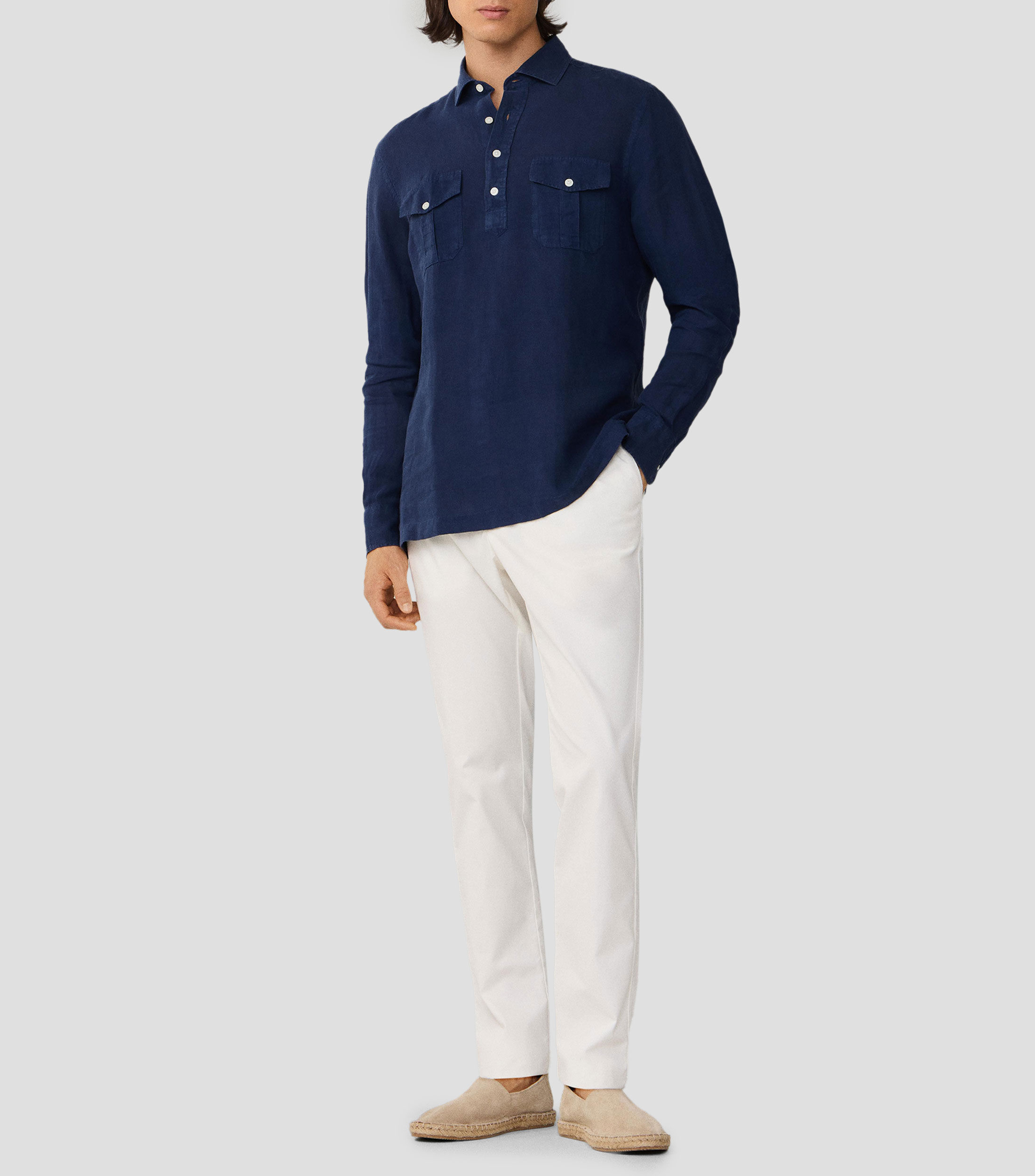 Camisa lisa de lino con manga larga Hombre